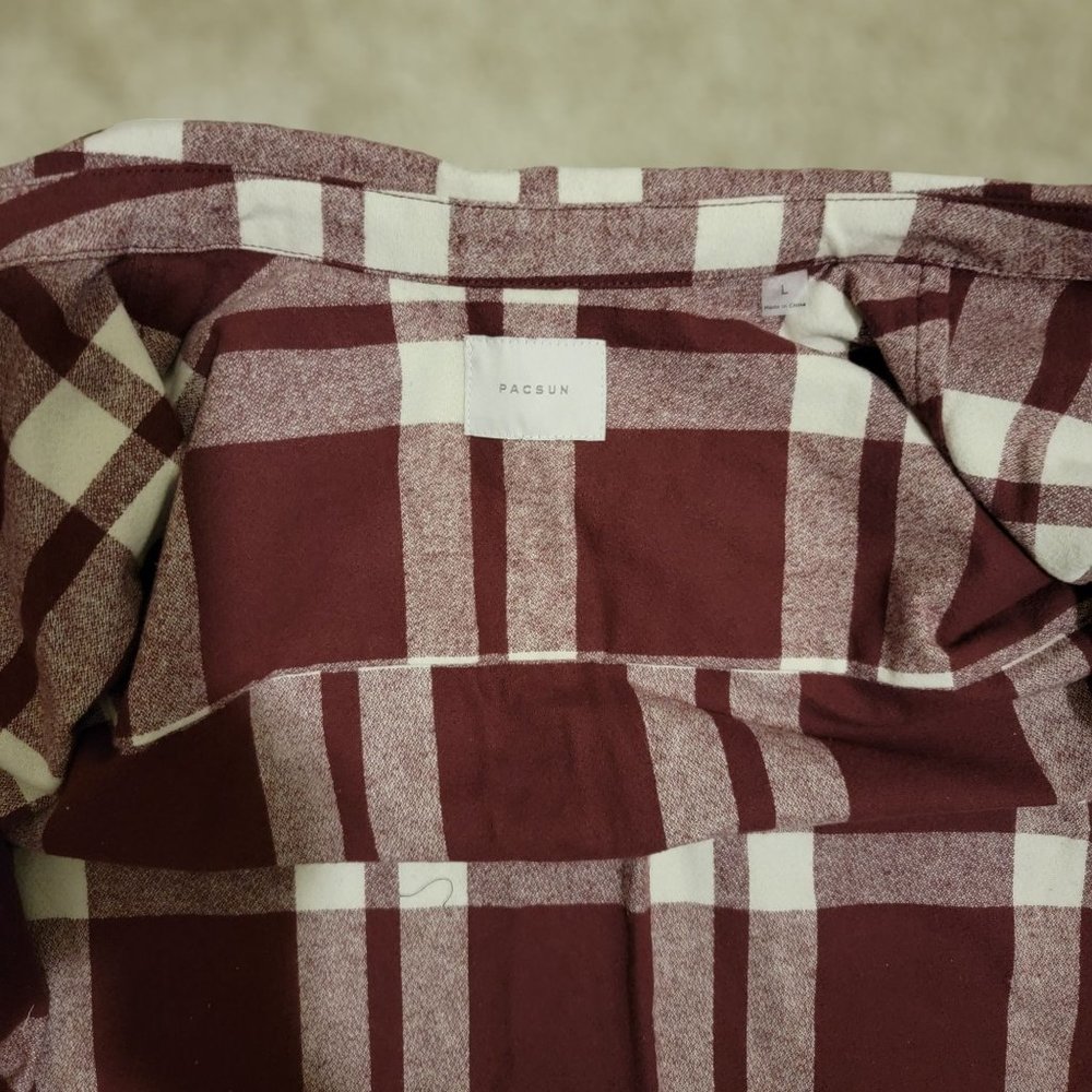 Pacsun Classic Long Sleeve Maroon & White Flannel Cotton Men's Shirt Size Large - Picture 9 of 10
